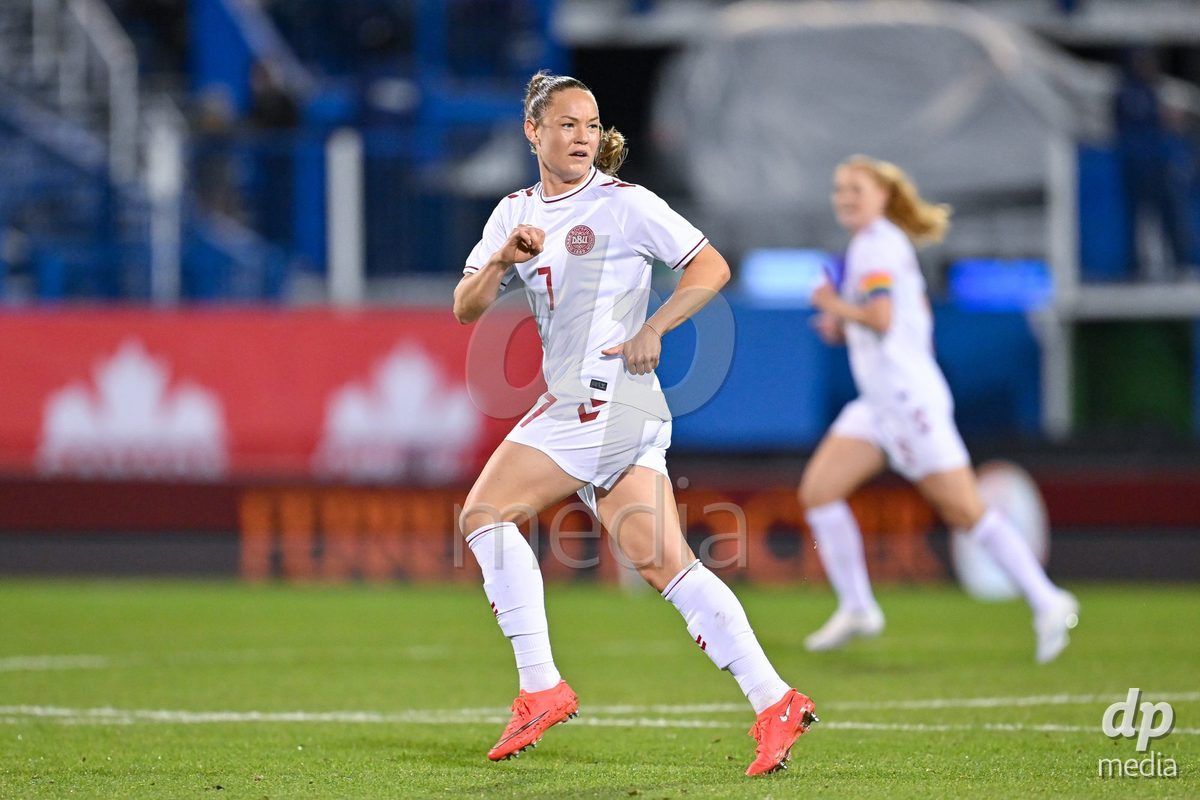 MONTREAL, CANADA - OCTOBER 9: Janni Thomsen of Denmark goes forward during the International Women's Friendly football match between Canada and Denmark at Stade Saputo on October 9, 2026 in Montreal, Canada.