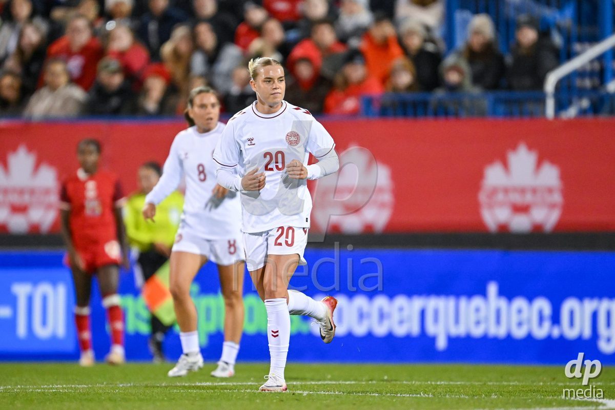 MONTREAL, CANADA - OCTOBER 9: Cornelia Kramer of Denmark goes forward during the International Women's Friendly football match between Canada and Denmark at Stade Saputo on October 9, 2026 in Montreal, Canada.