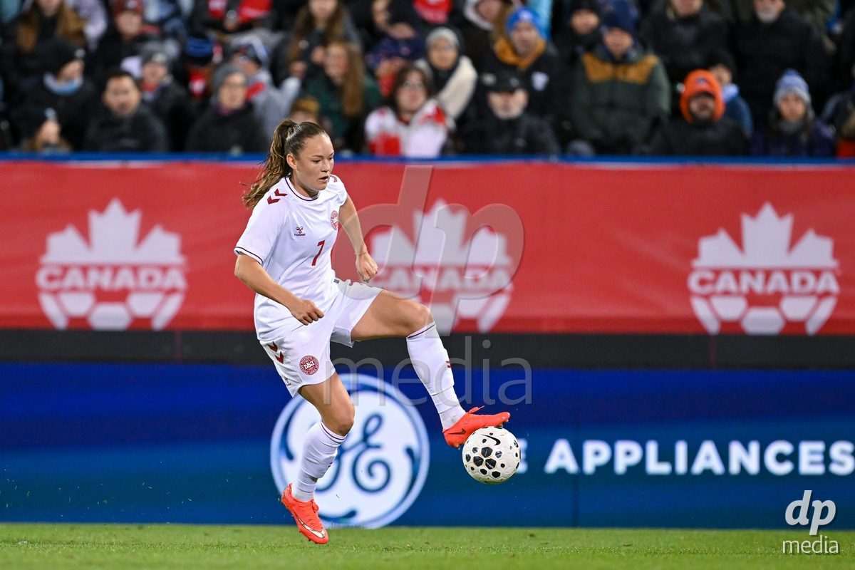 MONTREAL, CANADA - OCTOBER 9: Janni Thomsen of Denmark controls the ball during the International Women's Friendly football match between Canada and Denmark at Stade Saputo on October 9, 2026 in Montreal, Canada.
