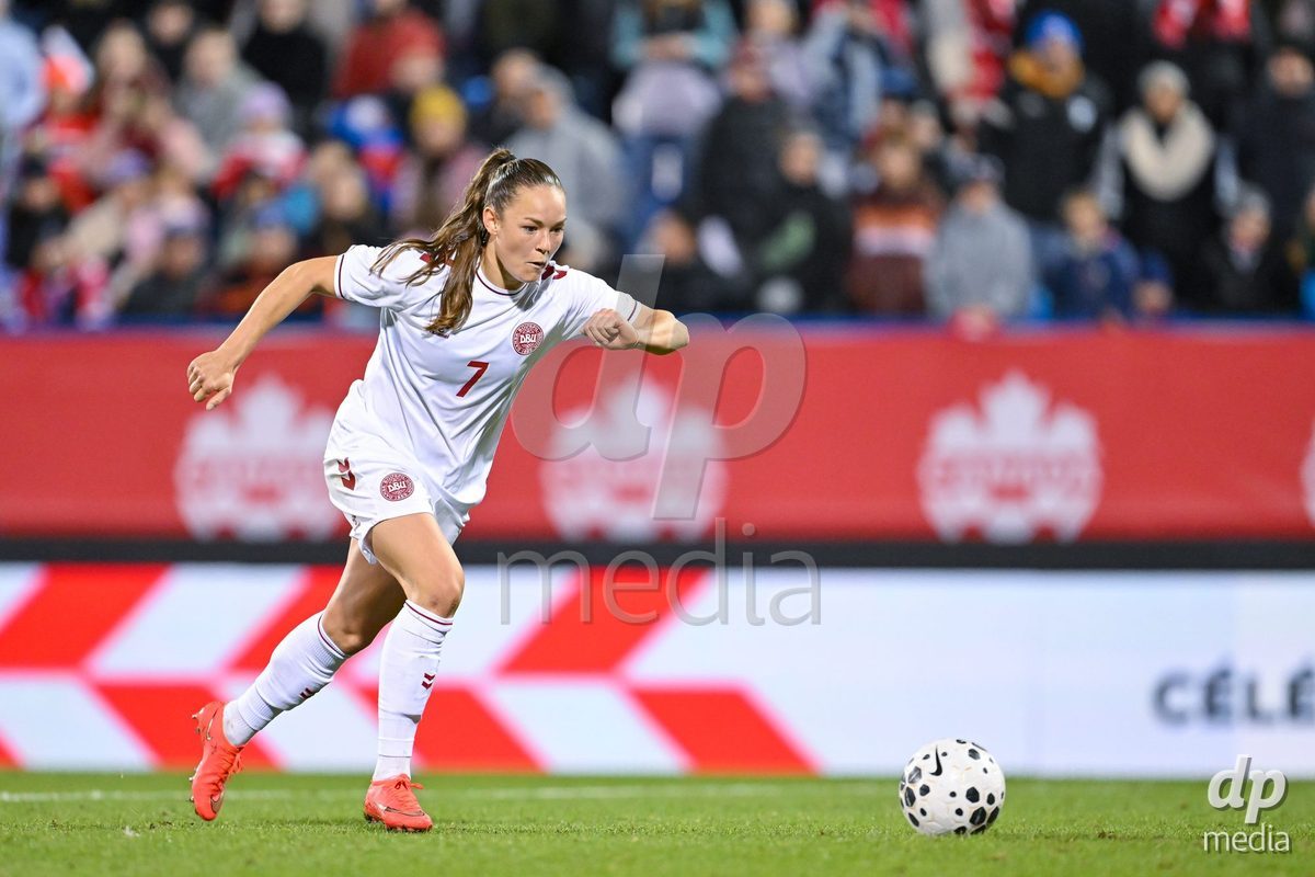 MONTREAL, CANADA - OCTOBER 9: Janni Thomsen of Denmark shoots the ball during a penalty shootout during the International Women's Friendly football match between Canada and Denmark at Stade Saputo on October 9, 2026 in Montreal, Canada.