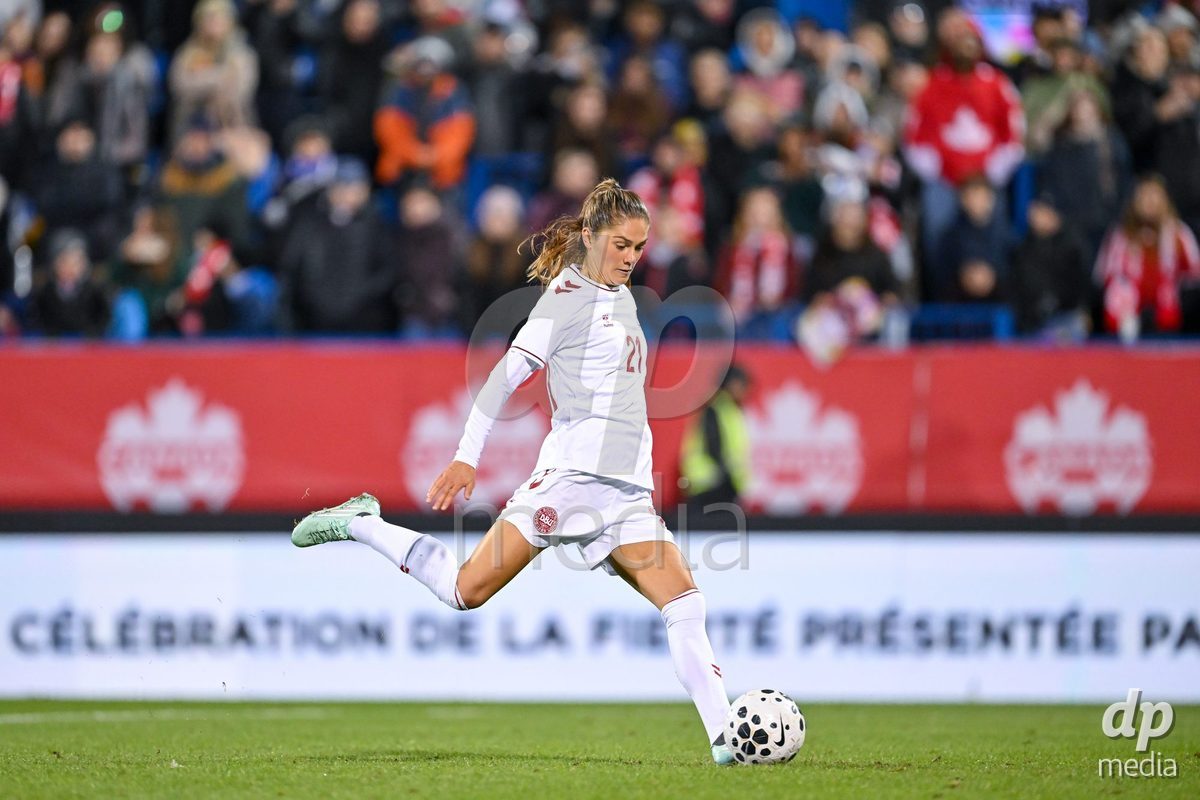 MONTREAL, CANADA - OCTOBER 9: Mille Gejl of Denmark shoots the ball during a penalty shootout during the International Women's Friendly football match between Canada and Denmark at Stade Saputo on October 9, 2026 in Montreal, Canada.