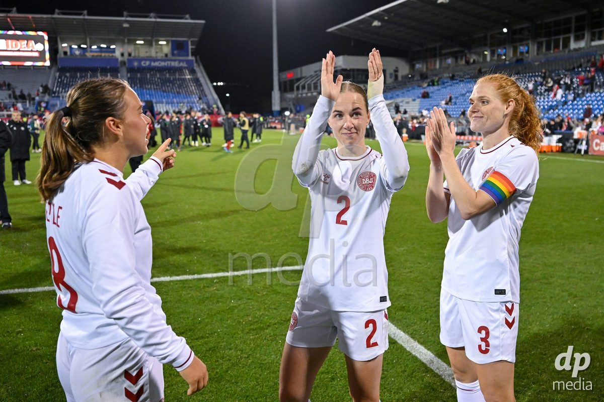 MONTREAL, CANADA - OCTOBER 9: Emma Snerle, Sara Thrige and Stine Ballisager of Denmark  thank the fans after their loss during the International Women's Friendly football match between Canada and Denmark at Stade Saputo on October 9, 2026 in Montreal, Canada.