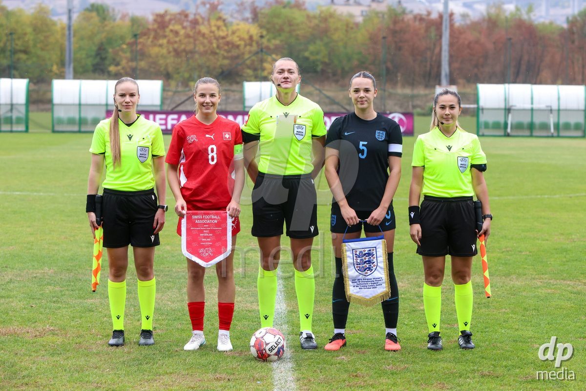 ZENICA, BOSNIA AND HERZEGOVINA - OCTOBER 10: Players and referees pose for a photo during the UEFA Womens European Under-19 Qualifier match between Switzerland and England at FF BH Football Training Centre on October 10, 2026 in Zenica, Bosnia and Herzegovina. Photo: Denis Kapetanovic/Pixsell/DP Media