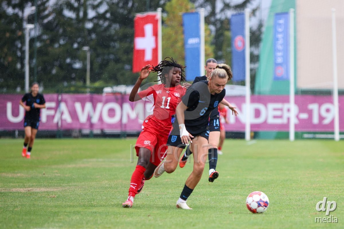 ZENICA, BOSNIA AND HERZEGOVINA - OCTOBER 10: Garance Nein of Switzerland and Zara Bailey of England during the UEFA Womens European Under-19 Qualifier match between Switzerland and England at FF BH Football Training Centre on October 10, 2026 in Zenica, Bosnia and Herzegovina. Photo: Denis Kapetanovic/Pixsell/DP Media