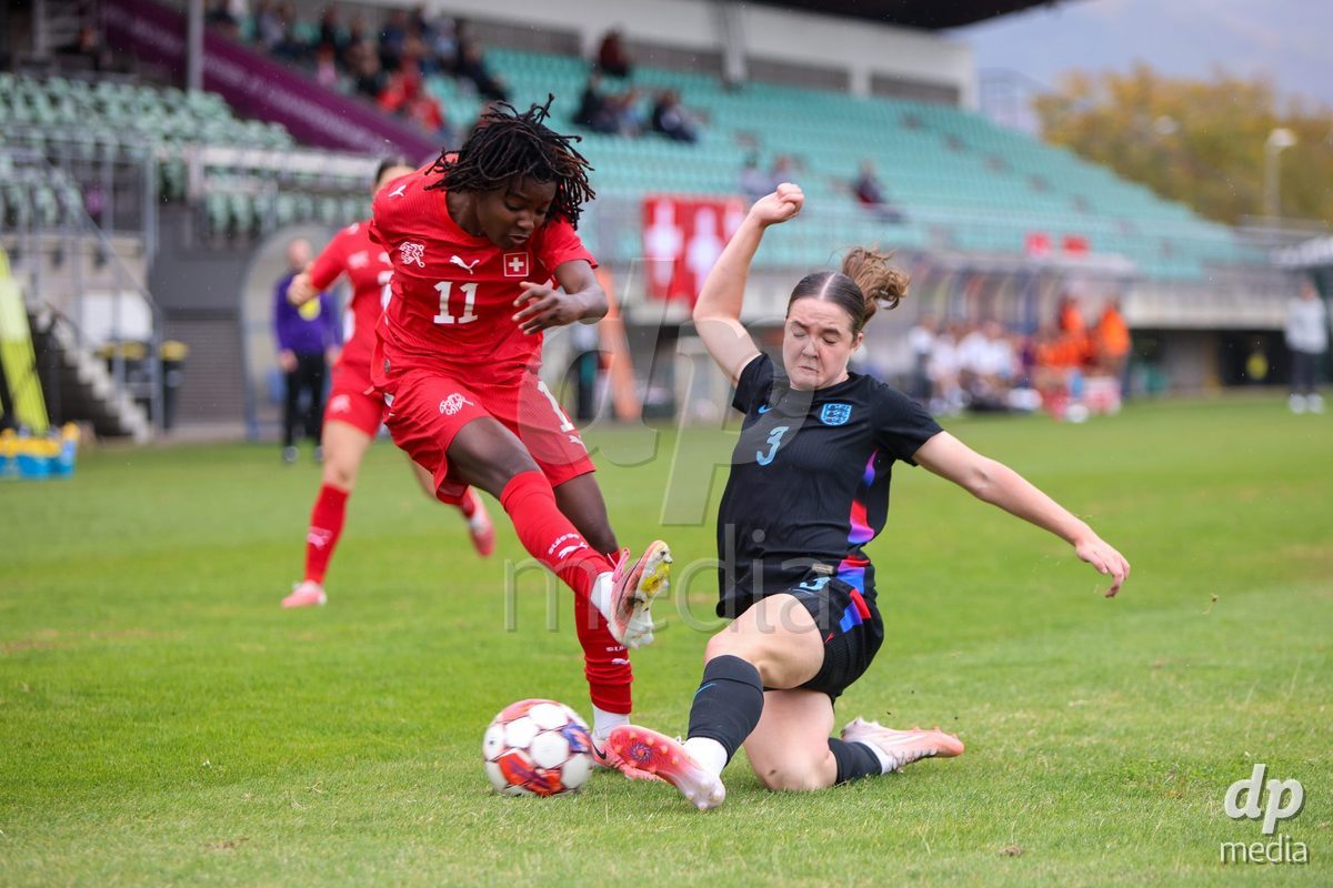 ZENICA, BOSNIA AND HERZEGOVINA - OCTOBER 10: Garance Nein of Switzerland and Katie Scott of England during the UEFA Womens European Under-19 Qualifier match between Switzerland and England at FF BH Football Training Centre on October 10, 2026 in Zenica, Bosnia and Herzegovina. Photo: Denis Kapetanovic/Pixsell/DP Media