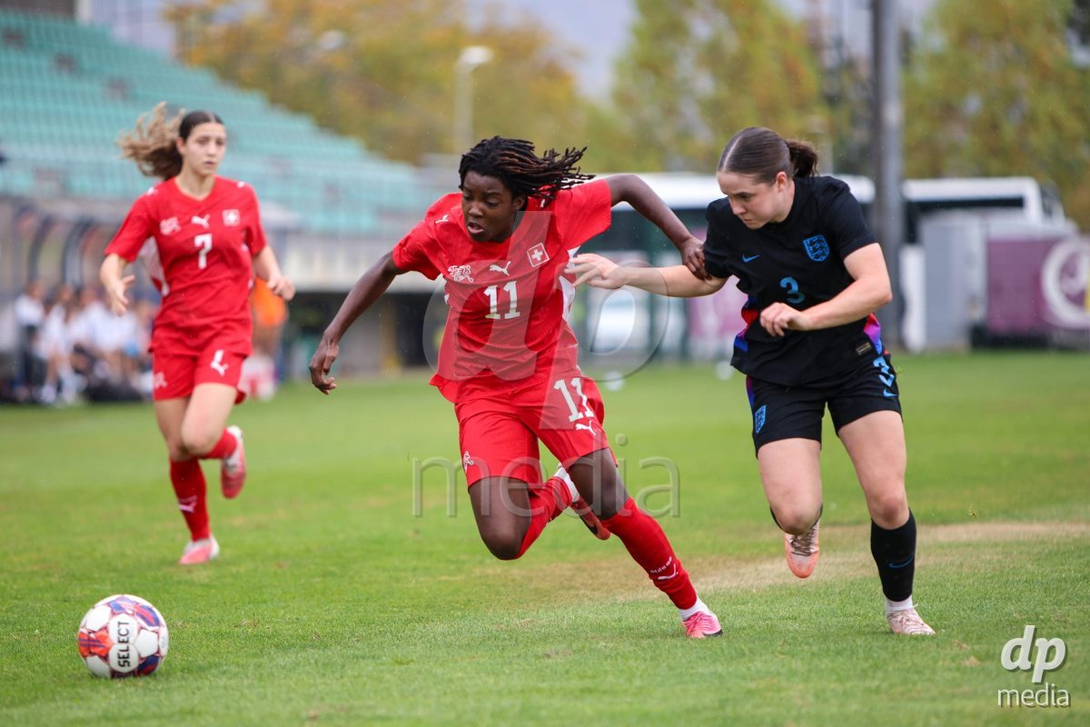 ZENICA, BOSNIA AND HERZEGOVINA - OCTOBER 10: Garance Nein of Switzerland and Katie Scott of England during the UEFA Womens European Under-19 Qualifier match between Switzerland and England at FF BH Football Training Centre on October 10, 2026 in Zenica, Bosnia and Herzegovina. Photo: Denis Kapetanovic/Pixsell/DP Media