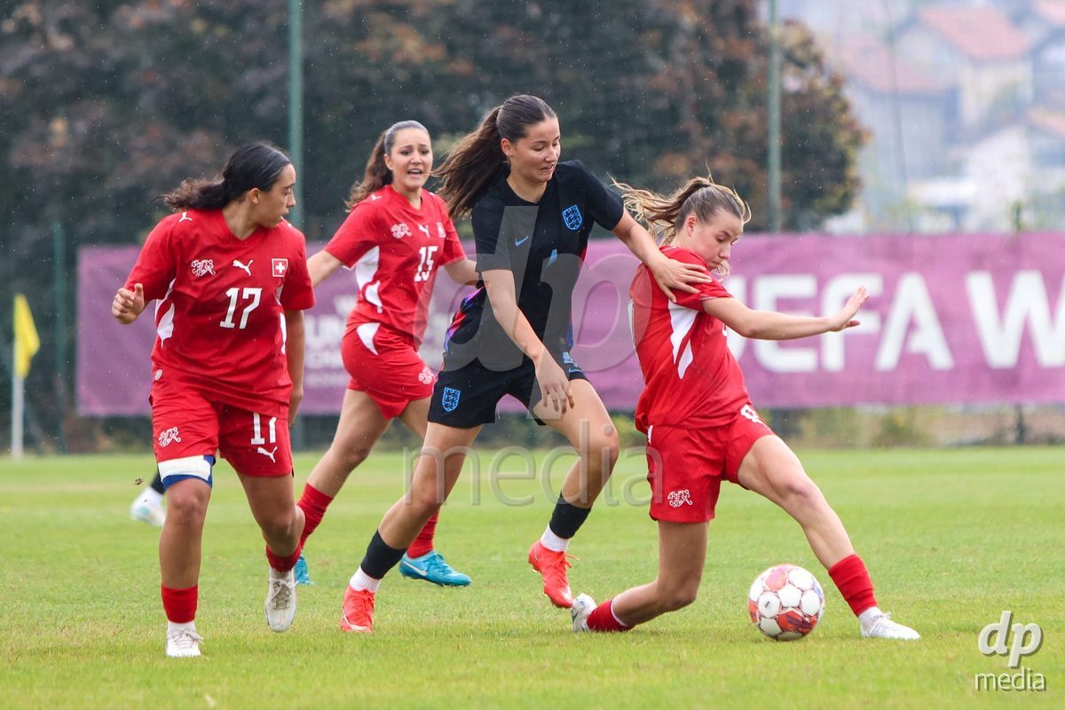 ZENICA, BOSNIA AND HERZEGOVINA - OCTOBER 10: Romia Gagliano of England and Giulia Looser of Switzerland during the UEFA Womens European Under-19 Qualifier match between Switzerland and England at FF BH Football Training Centre on October 10, 2026 in Zenica, Bosnia and Herzegovina. Photo: Denis Kapetanovic/Pixsell/DP Media
