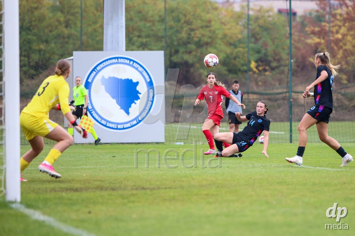 ZENICA, BOSNIA AND HERZEGOVINA - OCTOBER 10: Ramona Schallberger of Switzerland and Gabriella Storey of England during the UEFA Womens European Under-19 Qualifier match between Switzerland and England at FF BH Football Training Centre on October 10, 2026 in Zenica, Bosnia and Herzegovina. Photo: Denis Kapetanovic/Pixsell/DP Media