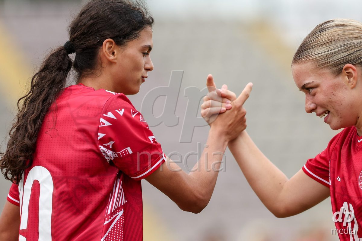 KAKANJ, BOSNIA AND HERZEGOVINA - OCTOBER 10: Mila Bischoff of Denmark and Evelina Thygesen of Denmark celebrate after scoring a goal during the UEFA Womens European Under-19 Qualifier match between Denmark and Bosnia and Herzegovina at Mladost Stadium on October 10, 2026 in Kakanj, Bosnia and Herzegovina. Photo: Armin Durgut/Pixsell/DP Media