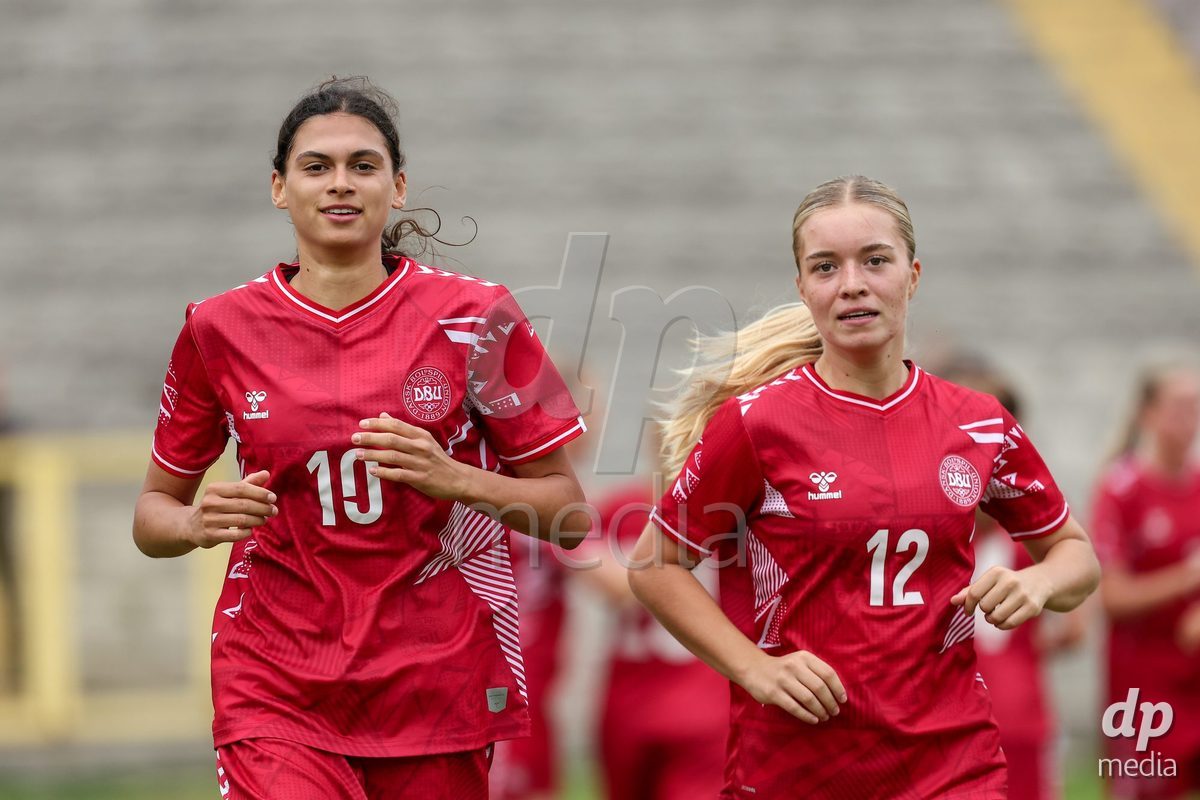 KAKANJ, BOSNIA AND HERZEGOVINA - OCTOBER 10: Mila Bischoff of Denmark and Evelina Thygesen of Denmark celebrate after scoring a goal during the UEFA Womens European Under-19 Qualifier match between Denmark and Bosnia and Herzegovina at Mladost Stadium on October 10, 2026 in Kakanj, Bosnia and Herzegovina. Photo: Armin Durgut/Pixsell/DP Media