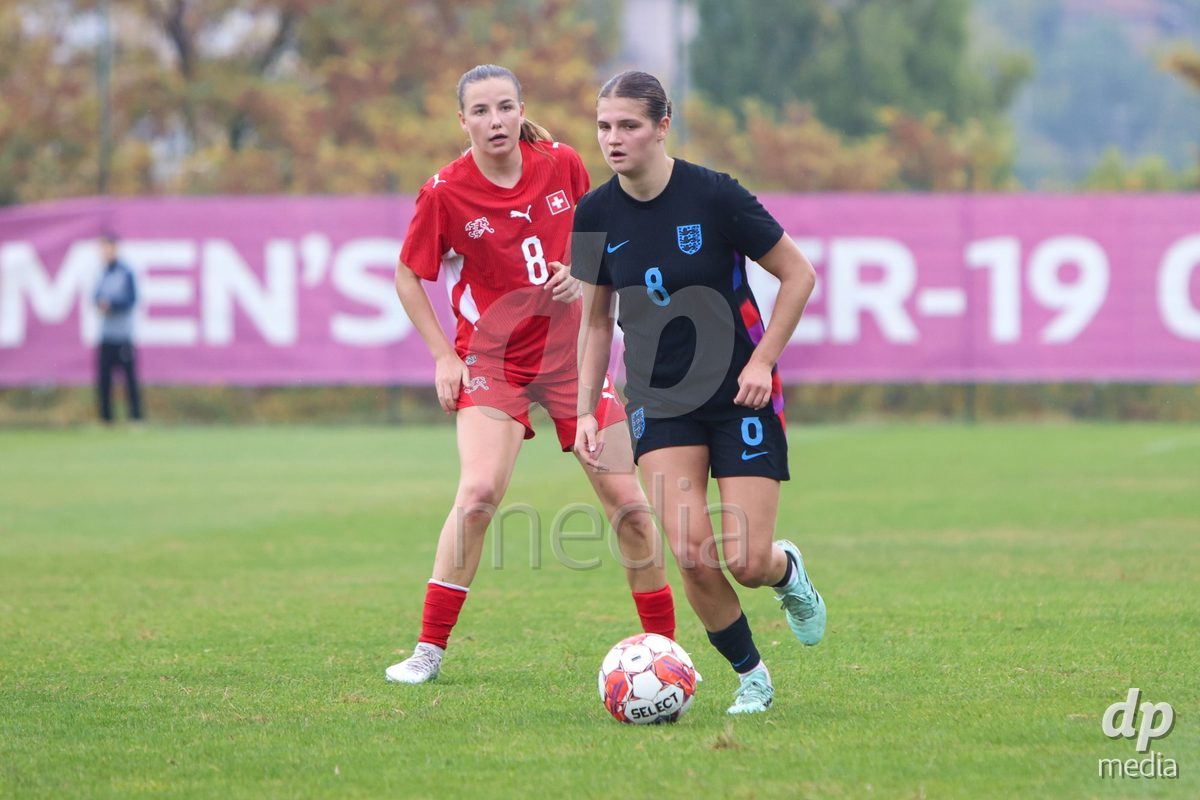 ZENICA, BOSNIA AND HERZEGOVINA - OCTOBER 10: Giulia Looser of Switzerland and Kyri Teer-Hutchins of England during the UEFA Womens European Under-19 Qualifier match between Switzerland and England at FF BH Football Training Centre on October 10, 2026 in Zenica, Bosnia and Herzegovina. Photo: Denis Kapetanovic/Pixsell/DP Media
