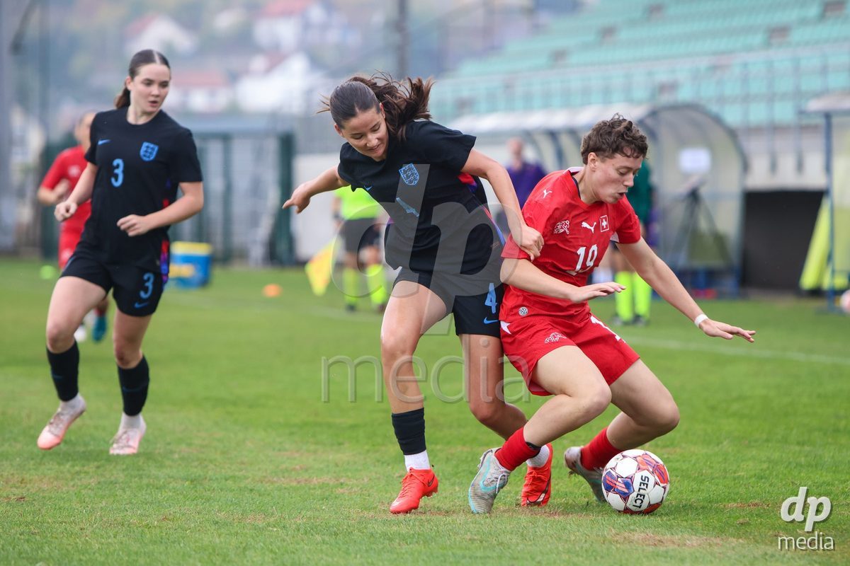 ZENICA, BOSNIA AND HERZEGOVINA - OCTOBER 10: Romia Gagliano of England and Lynn Leutwyler of Switzerland during the UEFA Womens European Under-19 Qualifier match between Switzerland and England at FF BH Football Training Centre on October 10, 2026 in Zenica, Bosnia and Herzegovina. Photo: Denis Kapetanovic/Pixsell/DP Media