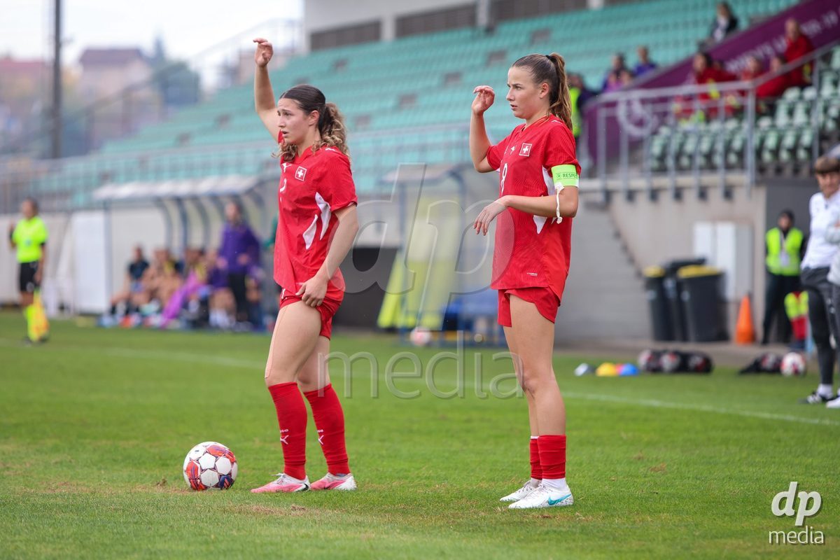 ZENICA, BOSNIA AND HERZEGOVINA - OCTOBER 10: Ramona Schallberger of Switzerland and Giulia Looser of Switzerland during the UEFA Womens European Under-19 Qualifier match between Switzerland and England at FF BH Football Training Centre on October 10, 2026 in Zenica, Bosnia and Herzegovina. Photo: Denis Kapetanovic/Pixsell/DP Media