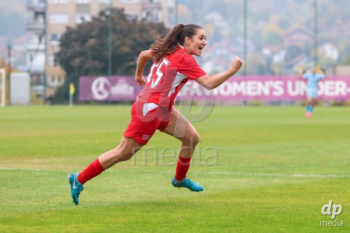 ZENICA, BOSNIA AND HERZEGOVINA - OCTOBER 10: Laura Kott of Switzerland celebrate after scoring a goal during the UEFA Womens European Under-19 Qualifier match between Switzerland and England at FF BH Football Training Centre on October 10, 2026 in Zenica, Bosnia and Herzegovina. Photo: Denis Kapetanovic/Pixsell/DP Media