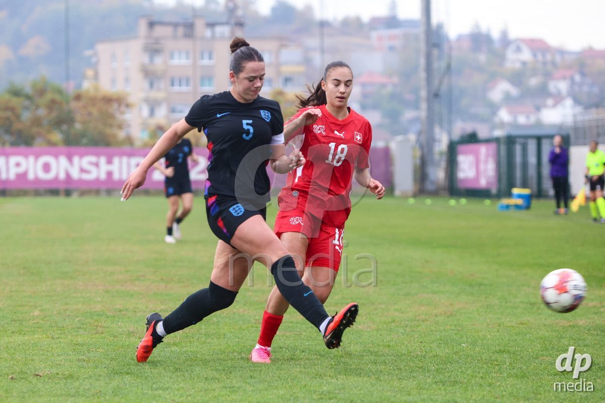 ZENICA, BOSNIA AND HERZEGOVINA - OCTOBER 10: Niamh Peacock of England and Olivia Edelmann of Switzerland during the UEFA Womens European Under-19 Qualifier match between Switzerland and England at FF BH Football Training Centre on October 10, 2026 in Zenica, Bosnia and Herzegovina. Photo: Denis Kapetanovic/Pixsell/DP Media