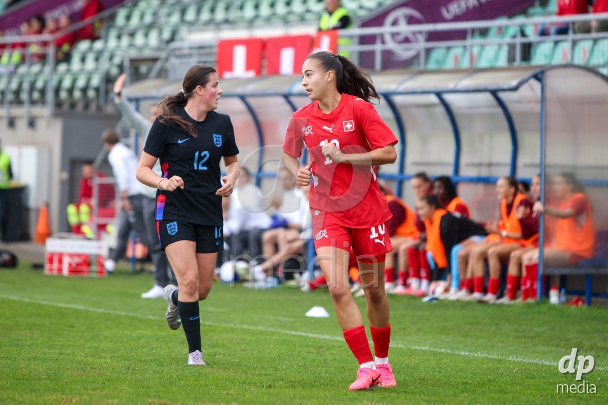 ZENICA, BOSNIA AND HERZEGOVINA - OCTOBER 10: Olivia Edelmann of Switzerland during the UEFA Womens European Under-19 Qualifier match between Switzerland and England at FF BH Football Training Centre on October 10, 2026 in Zenica, Bosnia and Herzegovina. Photo: Denis Kapetanovic/Pixsell/DP Media