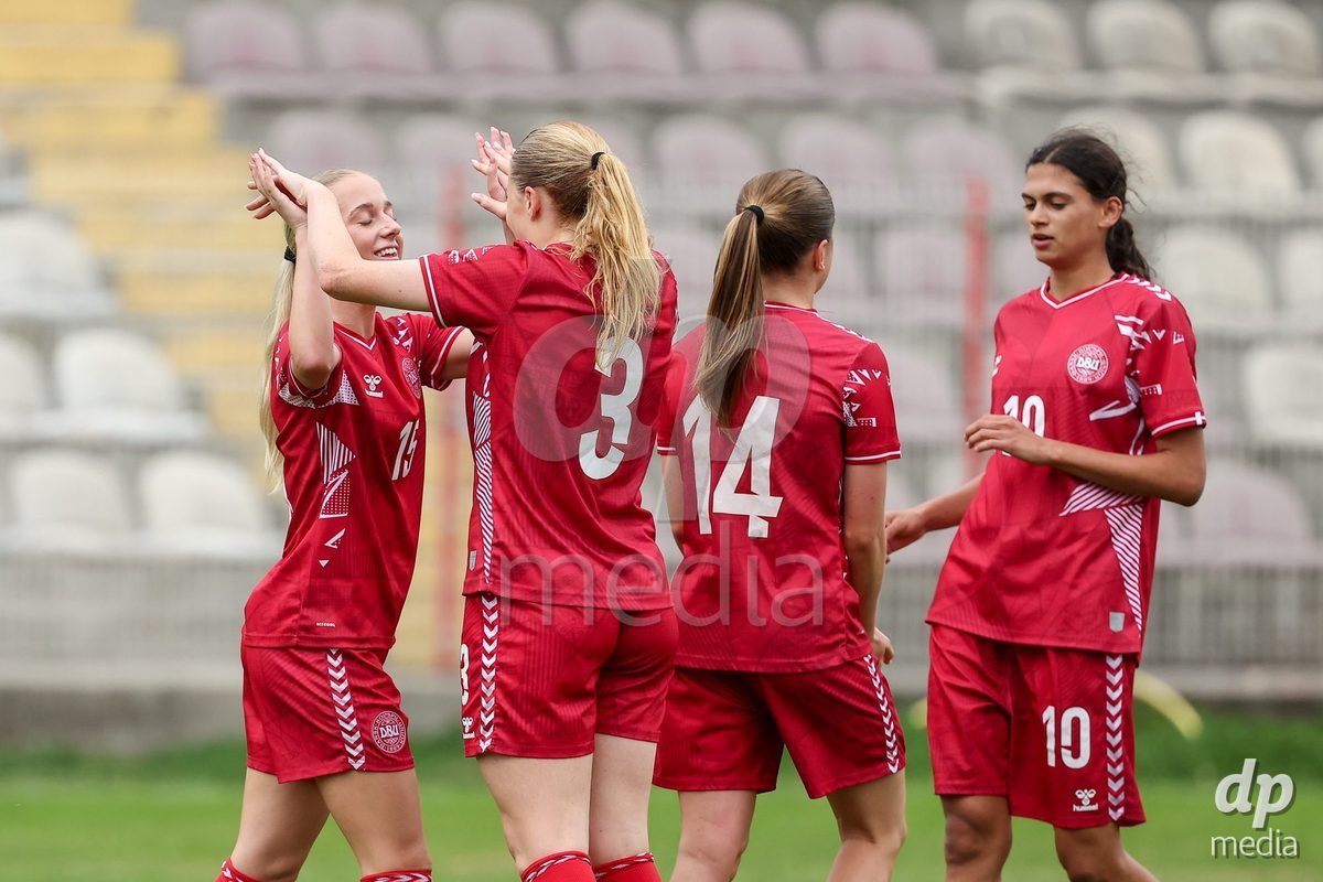KAKANJ, BOSNIA AND HERZEGOVINA - OCTOBER 10: Players of Denmark celebrate after scoring a goal during the UEFA Womens European Under-19 Qualifier match between Denmark and Bosnia and Herzegovina at Mladost Stadium on October 10, 2026 in Kakanj, Bosnia and Herzegovina. Photo: Armin Durgut/Pixsell/DP Media