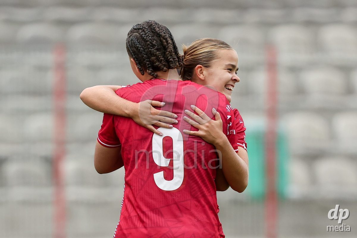 KAKANJ, BOSNIA AND HERZEGOVINA - OCTOBER 10: Thea Petersen of Denmark and Anna Pallesen of Denmark celebrate after scoring a goal during the UEFA Womens European Under-19 Qualifier match between Denmark and Bosnia and Herzegovina at Mladost Stadium on October 10, 2026 in Kakanj, Bosnia and Herzegovina. Photo: Armin Durgut/Pixsell/DP Media