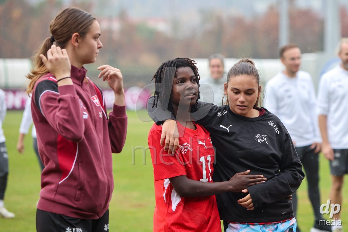 ZENICA, BOSNIA AND HERZEGOVINA - OCTOBER 10: Garance Nein of Switzerland and Leyla Laubscher of Switzerland during the UEFA Womens European Under-19 Qualifier match between Switzerland and England at FF BH Football Training Centre on October 10, 2026 in Zenica, Bosnia and Herzegovina. Photo: Denis Kapetanovic/Pixsell/DP Media