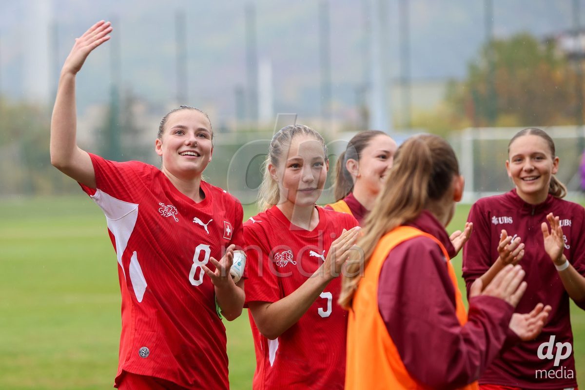ZENICA, BOSNIA AND HERZEGOVINA - OCTOBER 10: Giulia Looser of Switzerland and Johanna Thüer of Switzerland during the UEFA Womens European Under-19 Qualifier match between Switzerland and England at FF BH Football Training Centre on October 10, 2026 in Zenica, Bosnia and Herzegovina. Photo: Denis Kapetanovic/Pixsell/DP Media