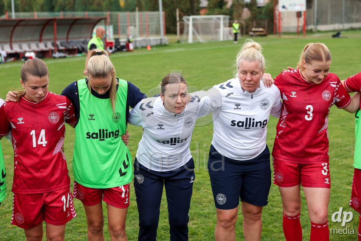 KAKANJ, BOSNIA AND HERZEGOVINA - OCTOBER 10: Nicoline Jorgensen Klintskov of Denmark, Mille Kjaergaard of Denmark, Kristine Pedersen and Asta Kynde of Denmark during the UEFA Womens European Under-19 Qualifier match between Denmark and Bosnia and Herzegovina at Mladost Stadium on October 10, 2026 in Kakanj, Bosnia and Herzegovina. Photo: Armin Durgut/Pixsell/DP Media