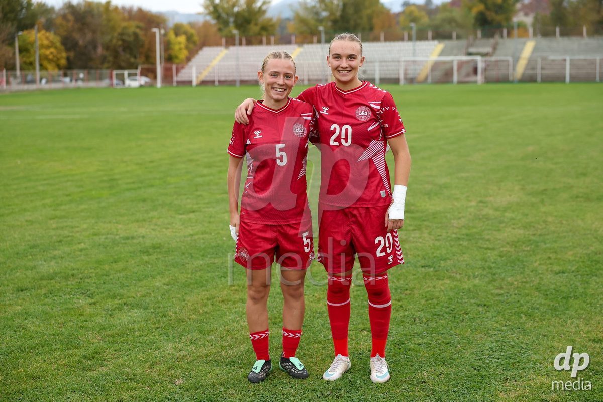 KAKANJ, BOSNIA AND HERZEGOVINA - OCTOBER 10: Astrid Engsig-Karup of Denmark and Nikoline Nielsen of Denmark during the UEFA Womens European Under-19 Qualifier match between Denmark and Bosnia and Herzegovina at Mladost Stadium on October 10, 2026 in Kakanj, Bosnia and Herzegovina. Photo: Armin Durgut/Pixsell/DP Media