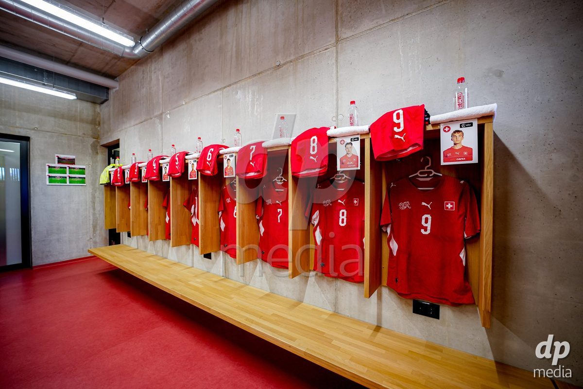 SCHAAN, LIECHTENSTEIN - OCTOBER 12: General view inside the locker room of Switzerland prior to the UEFA European Under-17 Qualifier match between Israel and Switzerland at LFV Campus Rheinwiese on October 12, 2026 in Schaan, Liechtenstein.