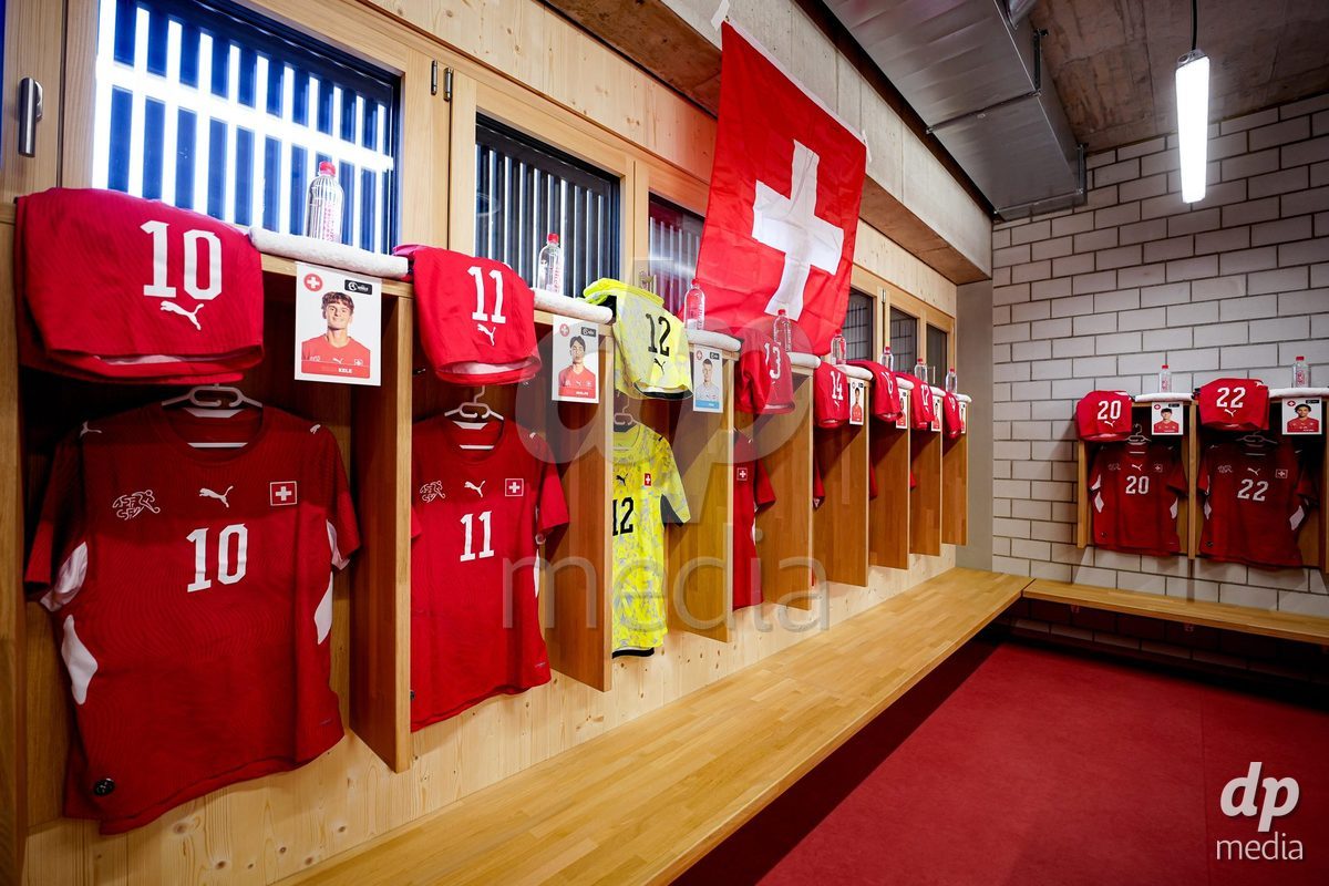 SCHAAN, LIECHTENSTEIN - OCTOBER 12: General view inside the locker room of Switzerland prior to the UEFA European Under-17 Qualifier match between Israel and Switzerland at LFV Campus Rheinwiese on October 12, 2026 in Schaan, Liechtenstein.
