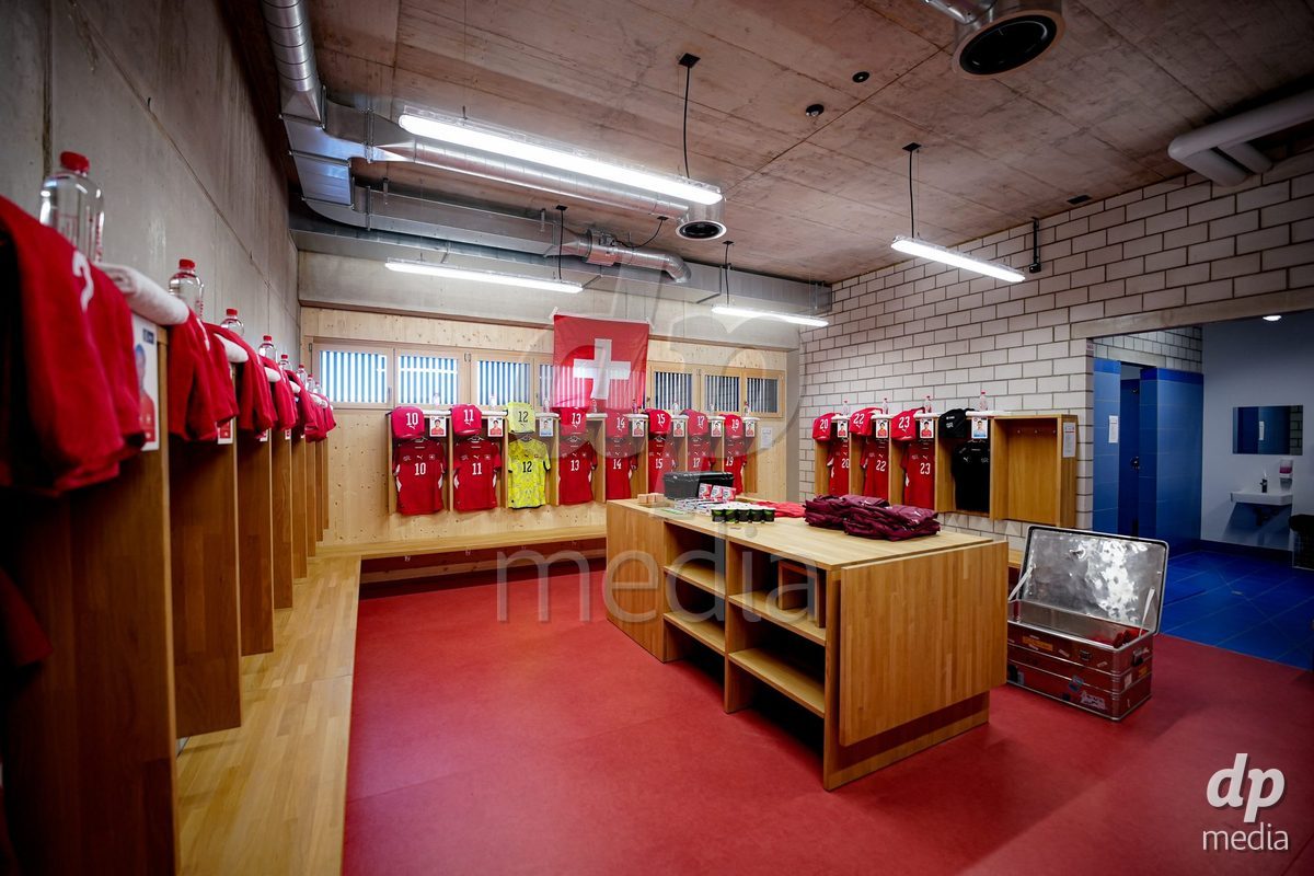 SCHAAN, LIECHTENSTEIN - OCTOBER 12: General view inside the locker room of Switzerland prior to the UEFA European Under-17 Qualifier match between Israel and Switzerland at LFV Campus Rheinwiese on October 12, 2026 in Schaan, Liechtenstein.