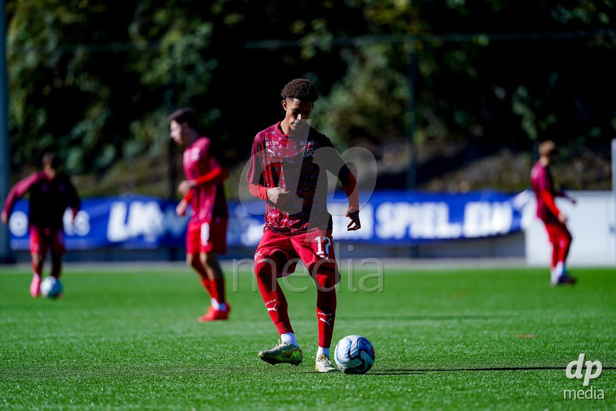 SCHAAN, LIECHTENSTEIN - OCTOBER 12: Players of Switzerland warming up during the UEFA European Under-17 Qualifier match between Israel and Switzerland at LFV Campus Rheinwiese on October 12, 2026 in Schaan, Liechtenstein.
