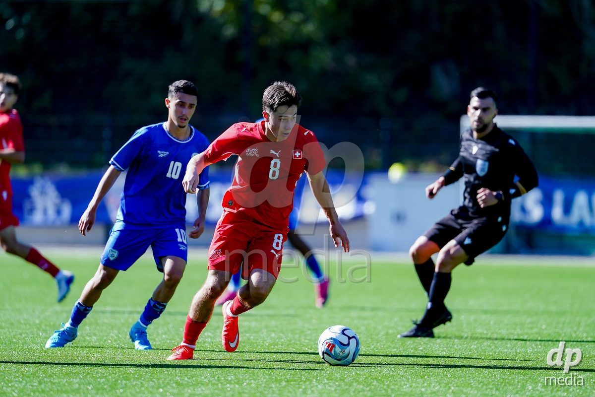 SCHAAN, LIECHTENSTEIN - OCTOBER 12: Leandro Cottiati of Switzerland controls the ball during the UEFA European Under-17 Qualifier match between Israel and Switzerland at LFV Campus Rheinwiese on October 12, 2026 in Schaan, Liechtenstein.