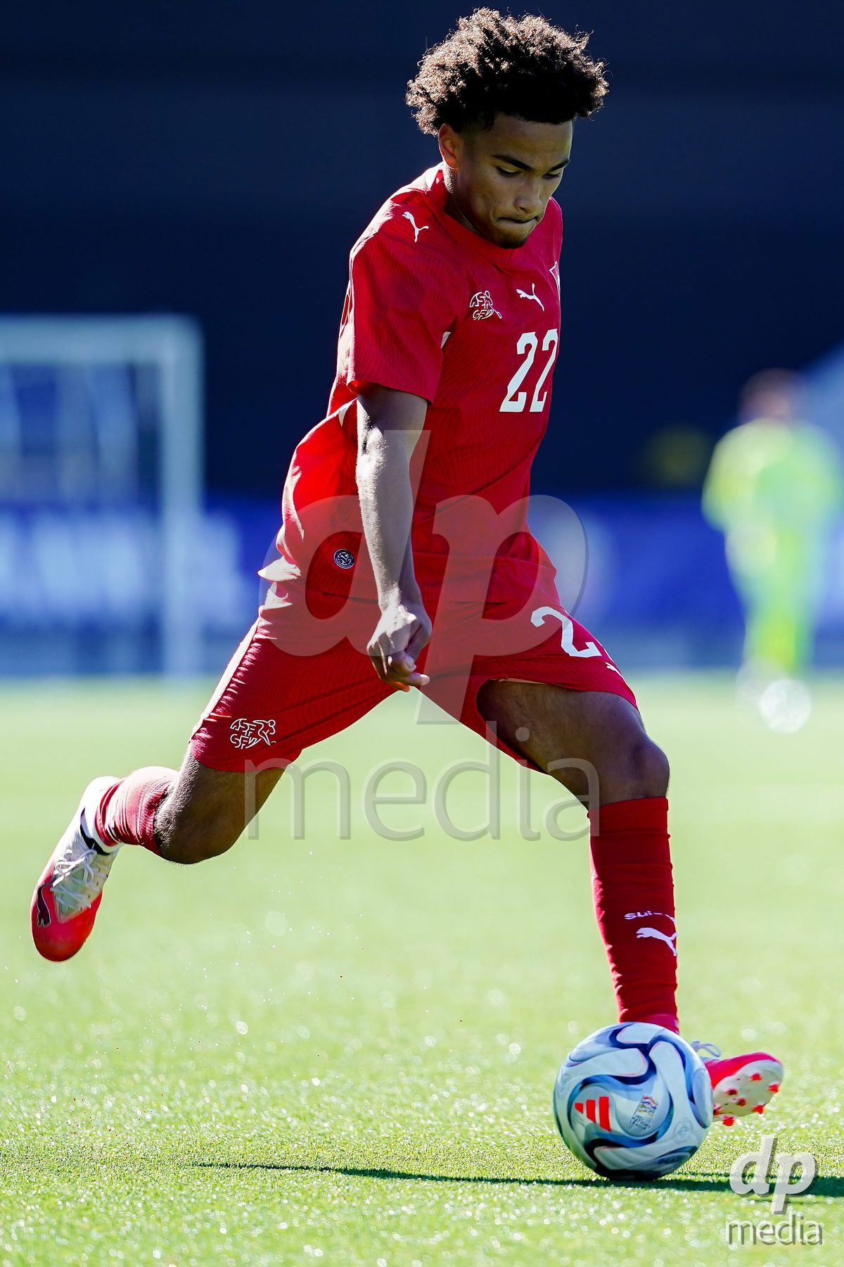 SCHAAN, LIECHTENSTEIN - OCTOBER 12: Nolaan Stifani of Switzerland controls the ball during the UEFA European Under-17 Qualifier match between Israel and Switzerland at LFV Campus Rheinwiese on October 12, 2026 in Schaan, Liechtenstein.