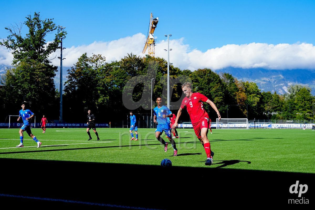 SCHAAN, LIECHTENSTEIN - OCTOBER 12: Niko Cavka of Switzerland controls the ball during the UEFA European Under-17 Qualifier match between Israel and Switzerland at LFV Campus Rheinwiese on October 12, 2026 in Schaan, Liechtenstein.