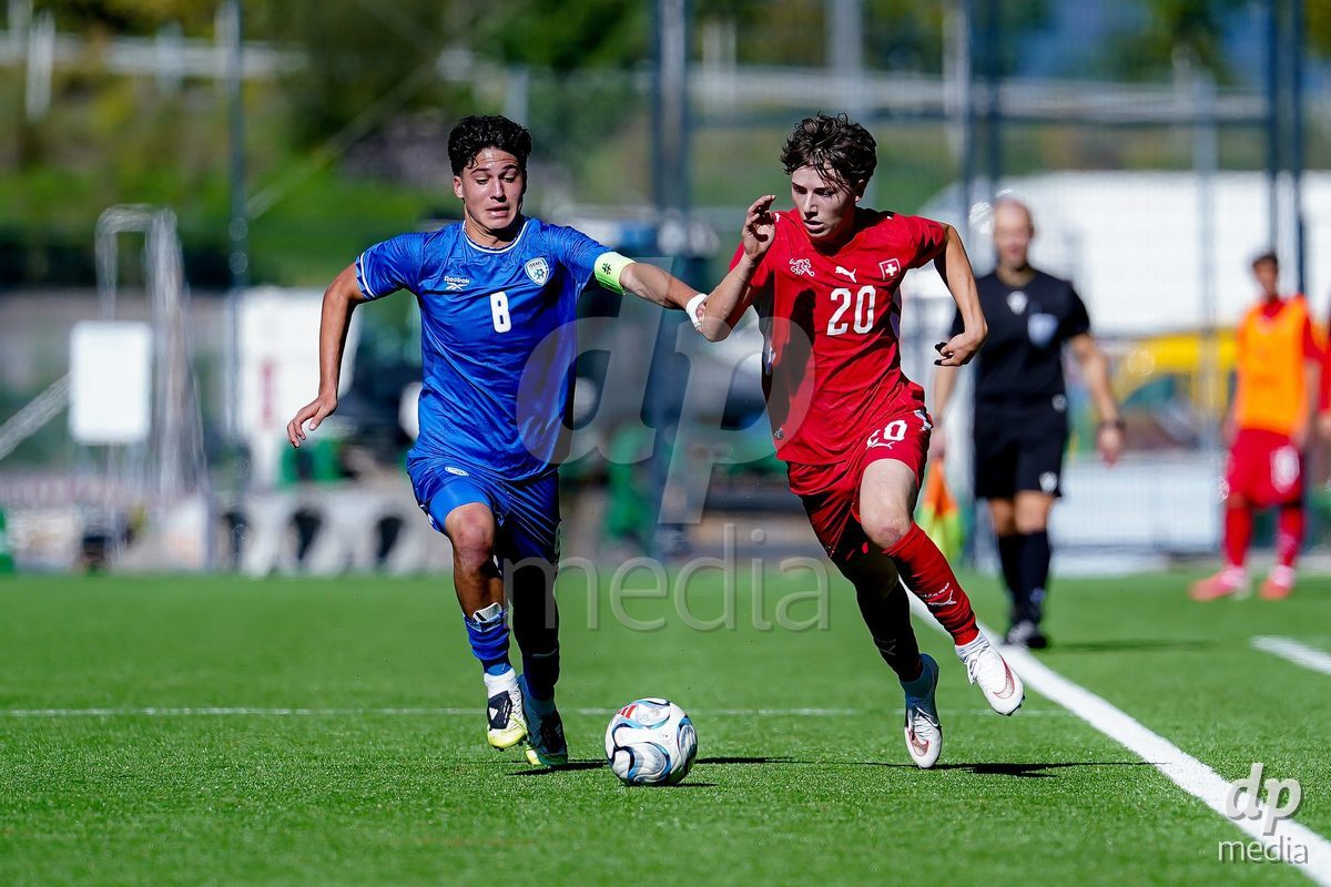 SCHAAN, LIECHTENSTEIN - OCTOBER 12: Loan Thommen of Switzerland and Noam Goldenberg of Israel battle for the ball during the UEFA European Under-17 Qualifier match between Israel and Switzerland at LFV Campus Rheinwiese on October 12, 2026 in Schaan, Liechtenstein.