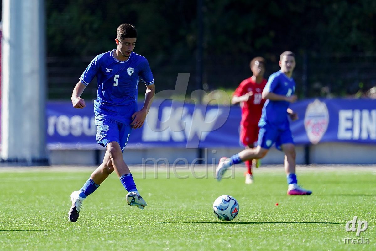 SCHAAN, LIECHTENSTEIN - OCTOBER 12: Eden Yaakov Azoulay of Israel controls the ball during the UEFA European Under-17 Qualifier match between Israel and Switzerland at LFV Campus Rheinwiese on October 12, 2026 in Schaan, Liechtenstein.