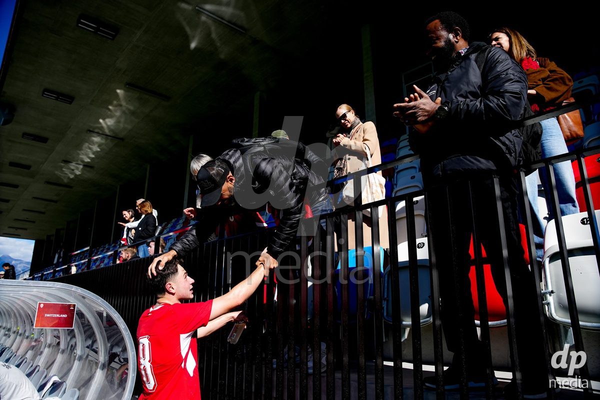 SCHAAN, LIECHTENSTEIN - OCTOBER 12: Leandro Cottiati of Switzerland with fans after the UEFA European Under-17 Qualifier match between Israel and Switzerland at LFV Campus Rheinwiese on October 12, 2026 in Schaan, Liechtenstein.