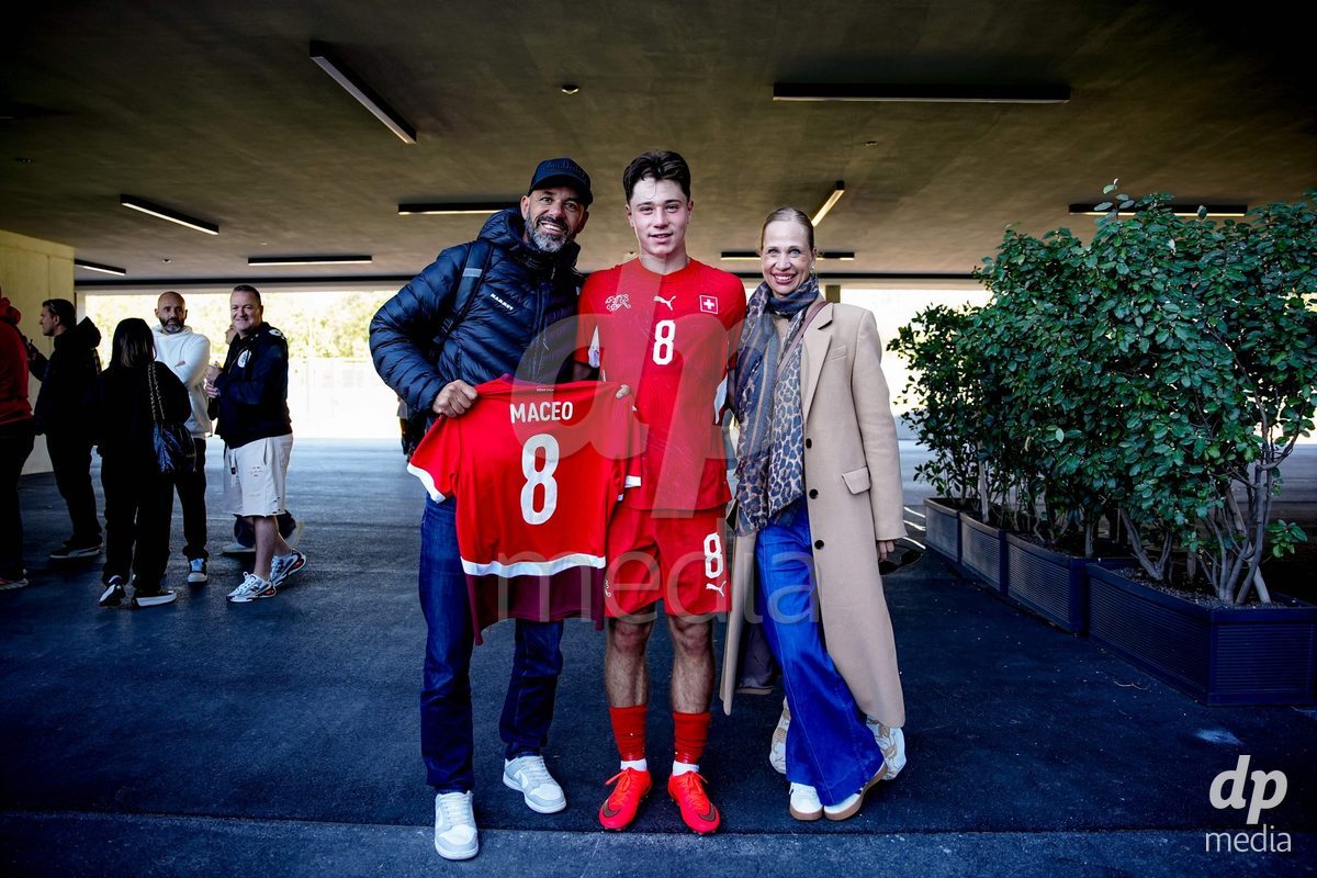 SCHAAN, LIECHTENSTEIN - OCTOBER 12: Leandro Cottiati of Switzerland with fans after the UEFA European Under-17 Qualifier match between Israel and Switzerland at LFV Campus Rheinwiese on October 12, 2026 in Schaan, Liechtenstein.