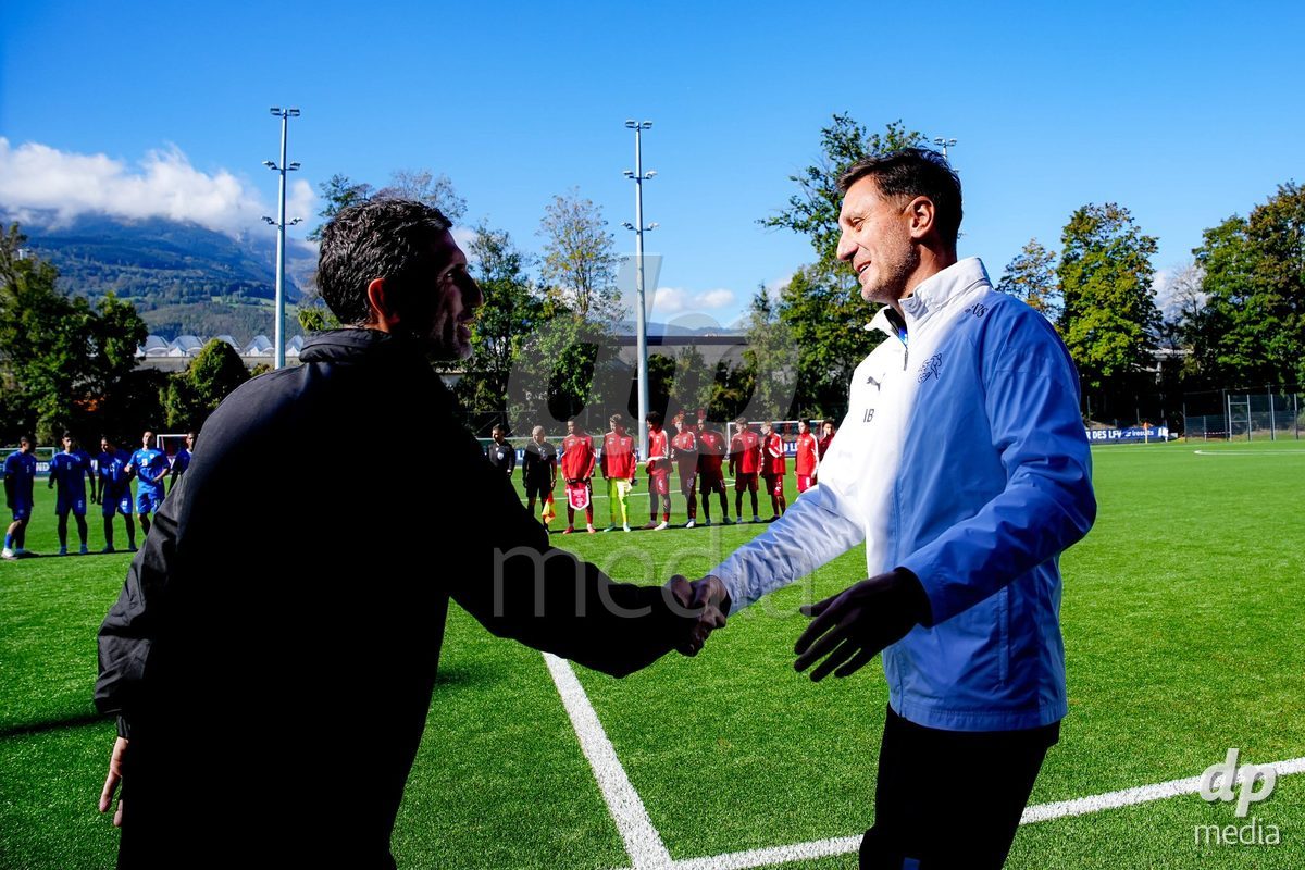 SCHAAN, LIECHTENSTEIN - OCTOBER 12: Ilija Borenovic, Head Coach of Switzerland, and Ariel Banado, Head Coach of Israel, during the UEFA European Under-17 Qualifier match between Israel and Switzerland at LFV Campus Rheinwiese on October 12, 2026 in Schaan, Liechtenstein.
