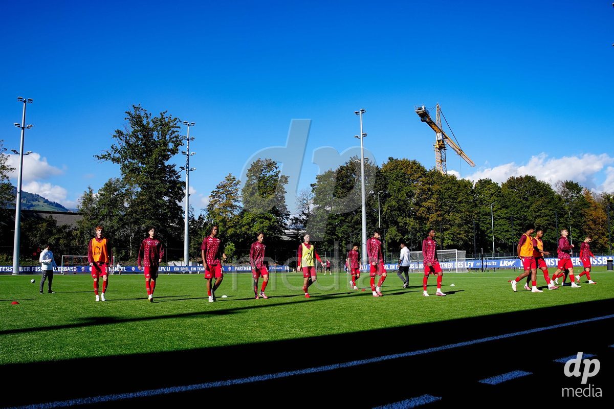 SCHAAN, LIECHTENSTEIN - OCTOBER 12: Players of Switzerland warming up during the UEFA European Under-17 Qualifier match between Israel and Switzerland at LFV Campus Rheinwiese on October 12, 2026 in Schaan, Liechtenstein.
