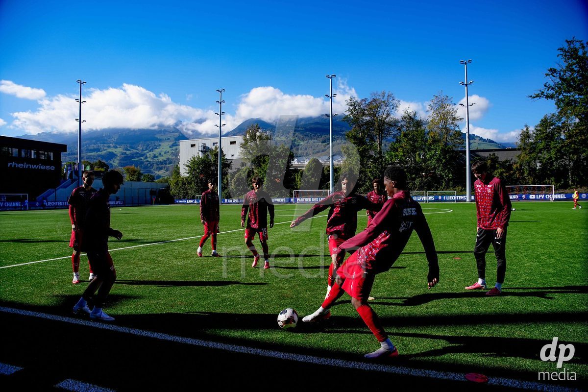 SCHAAN, LIECHTENSTEIN - OCTOBER 12: Players of Switzerland warming up during the UEFA European Under-17 Qualifier match between Israel and Switzerland at LFV Campus Rheinwiese on October 12, 2026 in Schaan, Liechtenstein.