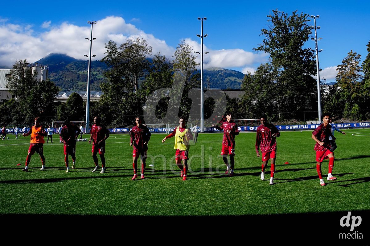 SCHAAN, LIECHTENSTEIN - OCTOBER 12: Players of Switzerland warming up during the UEFA European Under-17 Qualifier match between Israel and Switzerland at LFV Campus Rheinwiese on October 12, 2026 in Schaan, Liechtenstein.