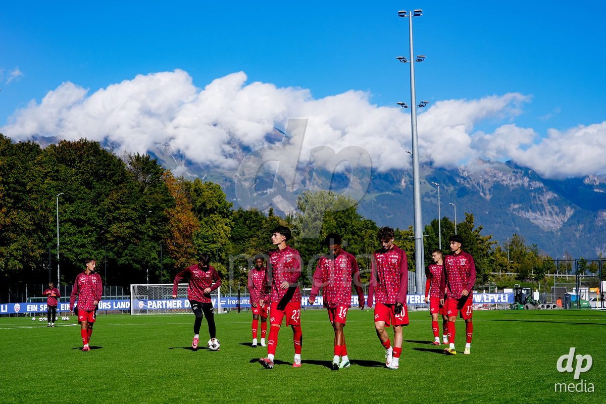 SCHAAN, LIECHTENSTEIN - OCTOBER 12: Players of Switzerland warming up during the UEFA European Under-17 Qualifier match between Israel and Switzerland at LFV Campus Rheinwiese on October 12, 2026 in Schaan, Liechtenstein.