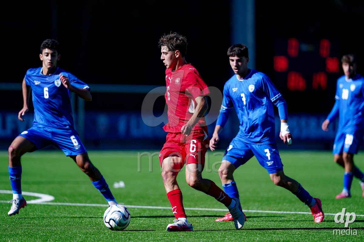 SCHAAN, LIECHTENSTEIN - OCTOBER 12: Niklas Zuger of Switzerland controls the ball during the UEFA European Under-17 Qualifier match between Israel and Switzerland at LFV Campus Rheinwiese on October 12, 2026 in Schaan, Liechtenstein.