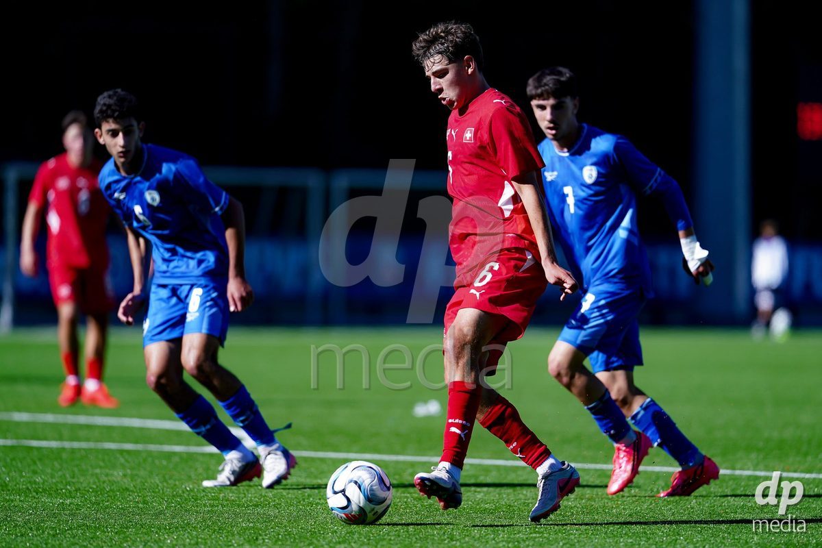 SCHAAN, LIECHTENSTEIN - OCTOBER 12: Niklas Zuger of Switzerland controls the ball during the UEFA European Under-17 Qualifier match between Israel and Switzerland at LFV Campus Rheinwiese on October 12, 2026 in Schaan, Liechtenstein.