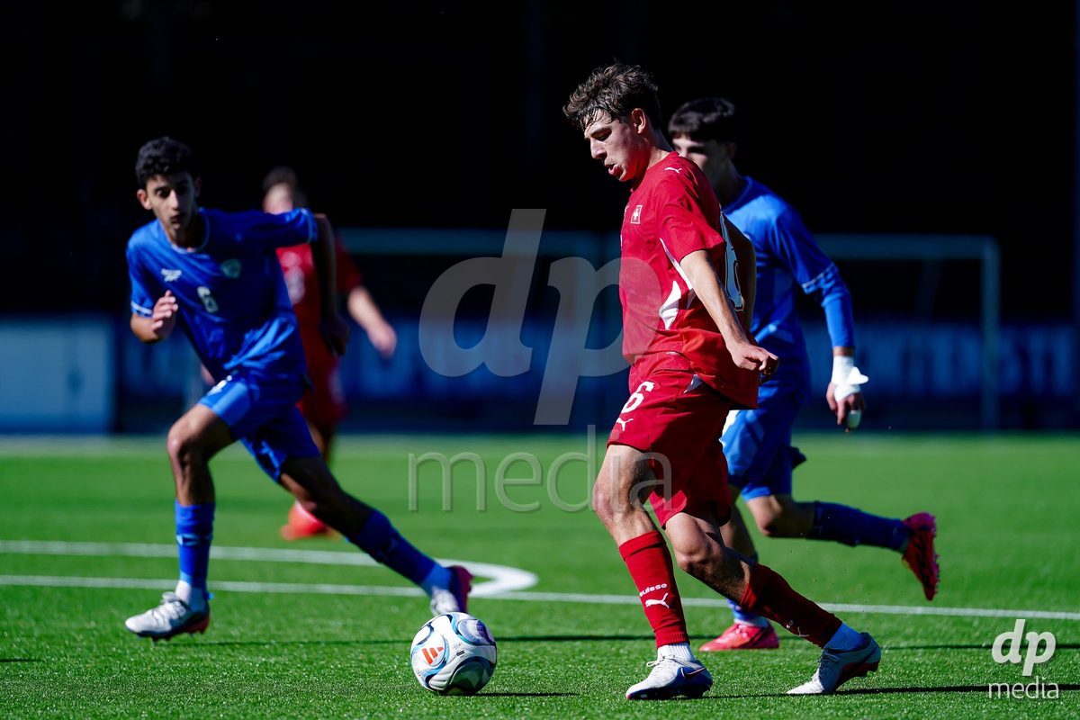 SCHAAN, LIECHTENSTEIN - OCTOBER 12: Niklas Zuger of Switzerland controls the ball during the UEFA European Under-17 Qualifier match between Israel and Switzerland at LFV Campus Rheinwiese on October 12, 2026 in Schaan, Liechtenstein.