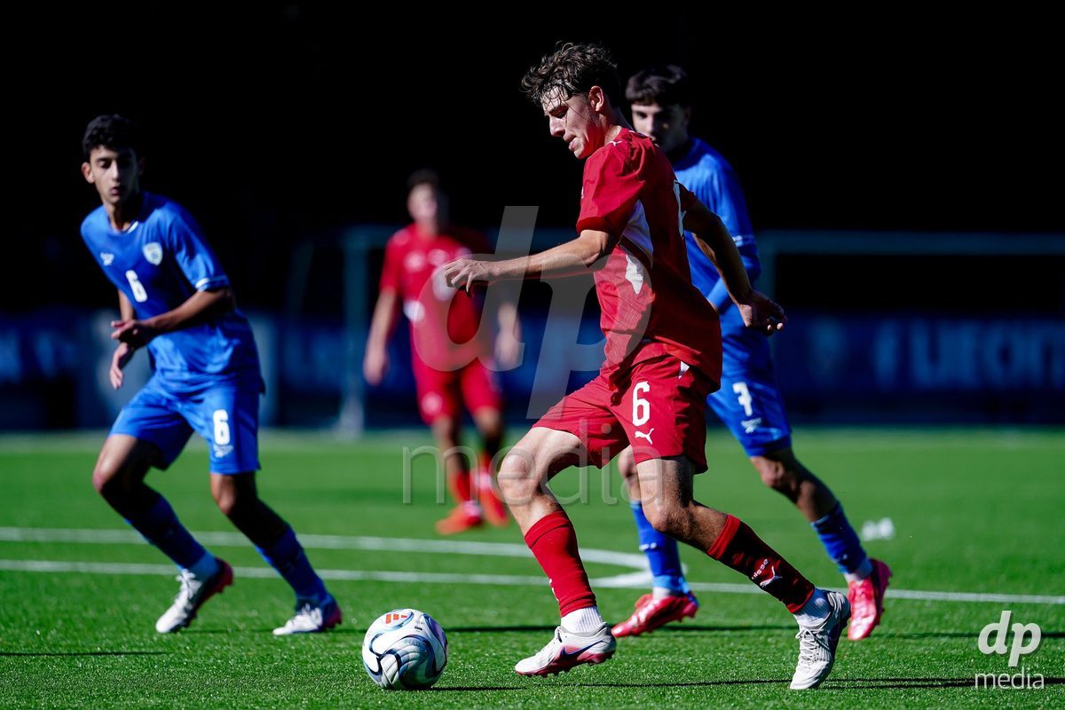 SCHAAN, LIECHTENSTEIN - OCTOBER 12: Niklas Zuger of Switzerland controls the ball during the UEFA European Under-17 Qualifier match between Israel and Switzerland at LFV Campus Rheinwiese on October 12, 2026 in Schaan, Liechtenstein.