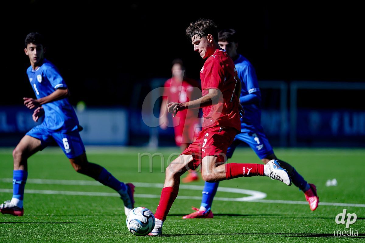 SCHAAN, LIECHTENSTEIN - OCTOBER 12: Niklas Zuger of Switzerland controls the ball during the UEFA European Under-17 Qualifier match between Israel and Switzerland at LFV Campus Rheinwiese on October 12, 2026 in Schaan, Liechtenstein.
