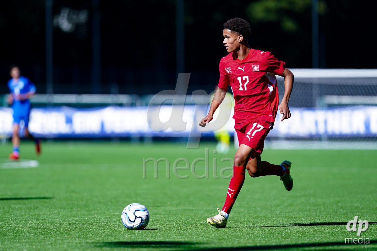 SCHAAN, LIECHTENSTEIN - OCTOBER 12: Kyle Kurt of Switzerland controls the ball during the UEFA European Under-17 Qualifier match between Israel and Switzerland at LFV Campus Rheinwiese on October 12, 2026 in Schaan, Liechtenstein.