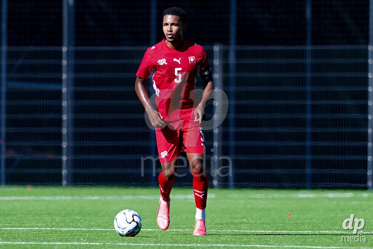SCHAAN, LIECHTENSTEIN - OCTOBER 12: Noah Kakor of Switzerland the ball during the UEFA European Under-17 Qualifier match between Israel and Switzerland at LFV Campus Rheinwiese on October 12, 2026 in Schaan, Liechtenstein.