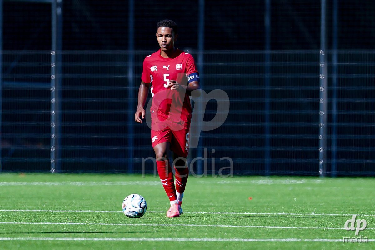 SCHAAN, LIECHTENSTEIN - OCTOBER 12: Noah Kakor of Switzerland the ball during the UEFA European Under-17 Qualifier match between Israel and Switzerland at LFV Campus Rheinwiese on October 12, 2026 in Schaan, Liechtenstein.